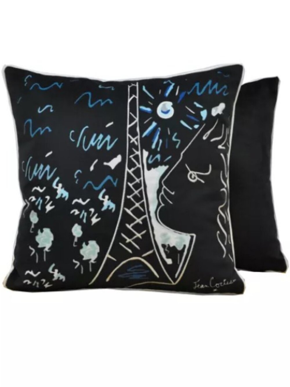ROCHE BOBOIS x JEAN COCTEAU Orphee Profil Tour cushion black velvet Eiffel Tower